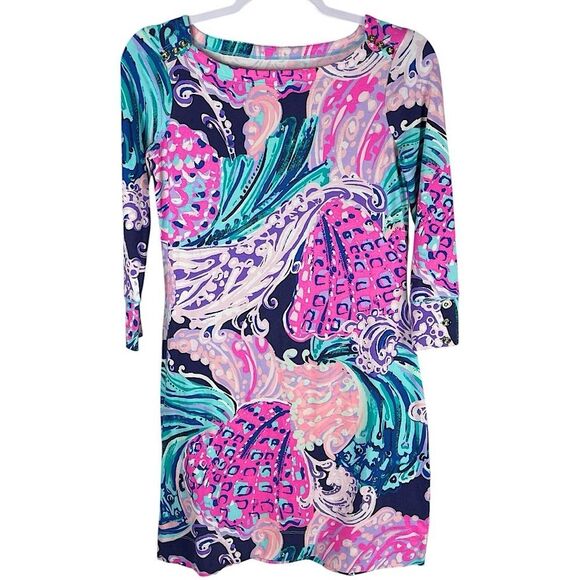 Lilly Pulitzer Womens XS seashell waves blue & pink Sophie UPF 50+ Dress - Picture 2 of 8